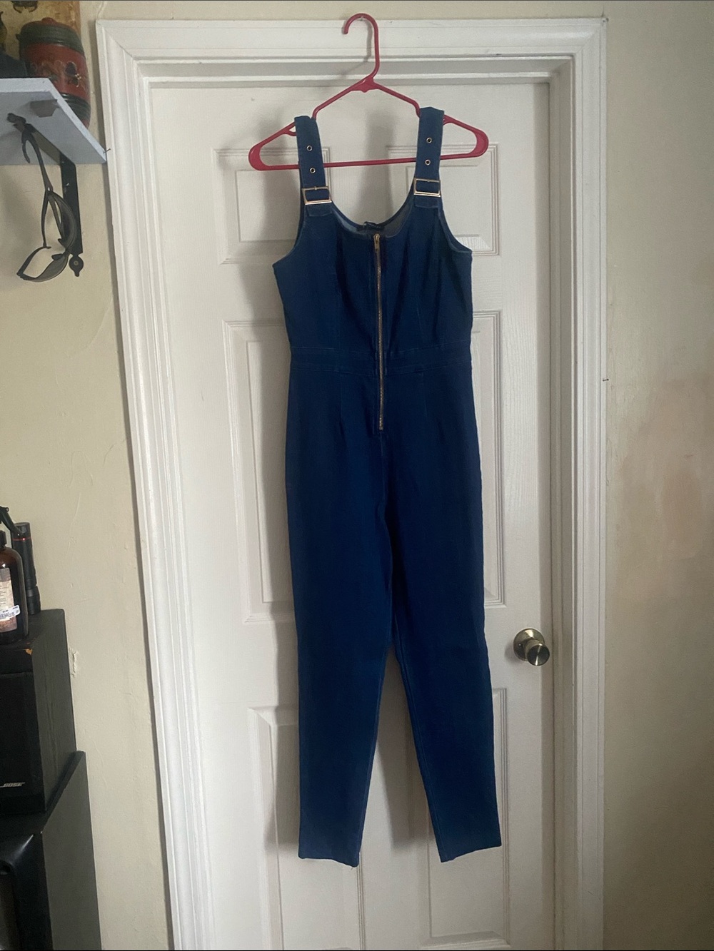 Dark Navy Zip-Front Jumpsuit with Buckle Straps